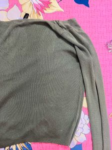 Olive Green Ribbed V-Neck Top