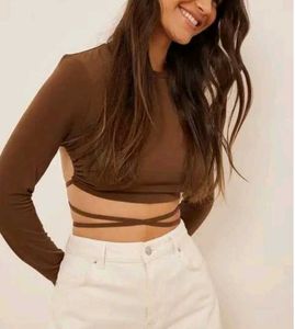 Brown Long Sleeve Wrap Crop Top