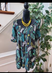Tropical Print Button-Up Tunic Top