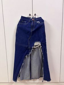 Distressed Denim Maxi Skirt