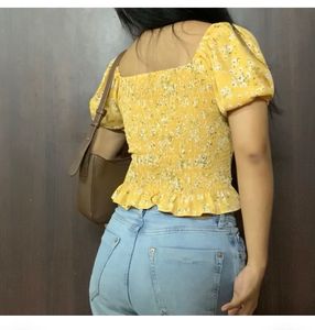 Yellow Floral Lace-Up Crop Top