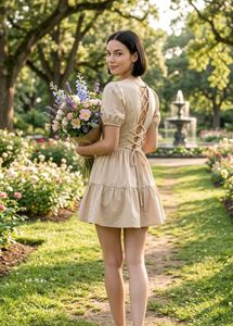 Chic Beige Lace-Up Back Mini Dress