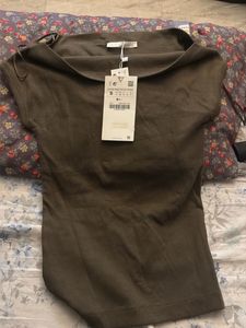zara one shoulder Olive Green Basic T-Shirt