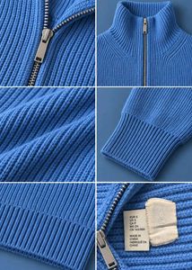 BLUE RIBBED HALF-ZIP MOCK NECK SWEATER