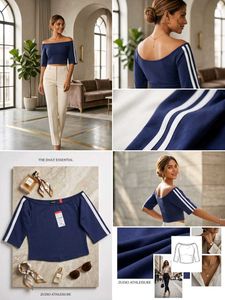 Navy Blue Off-Shoulder Striped Top