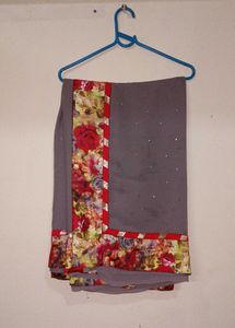 Grey Sequined Saree with Floral Border
