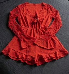 Coral Lace Sleeve Romper