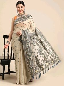 Elegant Cream Saree with Black &amp; Green Border