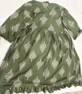 Green Printed Dress/Kurta with Ruffle Hem