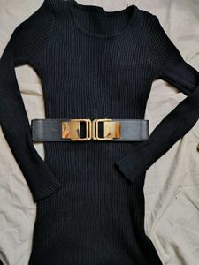 Black Ribbed Knit Dress with Belt