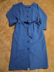 Blue Button-Down Midi Dress with Belt