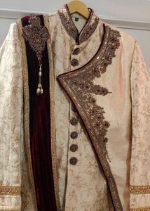 Tan Sherwani With Attached Dupatta