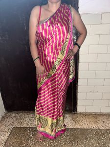 Vibrant Pink &amp; Gold Striped crepe Saree