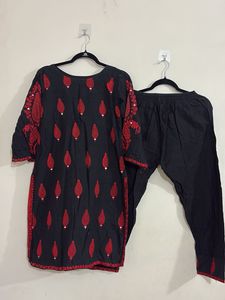 Embroidered Pakistani Black & Red Kurta Set
