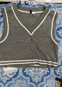 Gray Knit V-Neck Vest with White Stripes