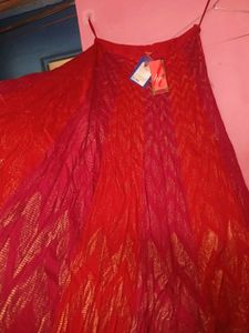 Red and Maroon Ethnic Skirt with Golden Print
