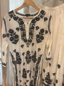 Old Marigold Black &amp; White Embroidered Cotton Kurt