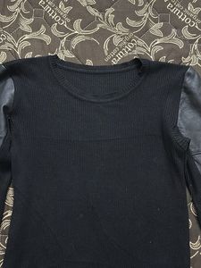 Chic Black Top with Faux Leather Sleeves