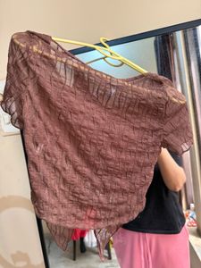 NewMe Sheer Textured Square Brown Neck Top