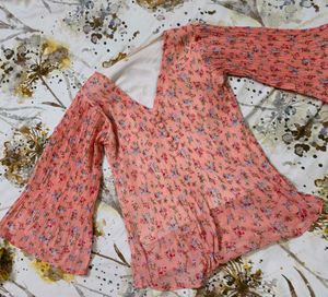 Chic Floral Pleated Bell Sleeve Top