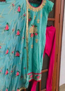 Embroidered Teal Kurta Set with Dupatta