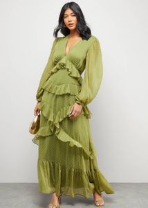 Olive Green Tiered Ruffled Swiss-Dot Maxi Dress