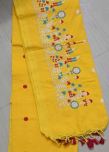 79)Vibrant Yellow Embroidered Handloom saree