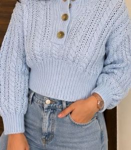 ZARA Cable Knit Cropped Sweater – Baby Blue | Size