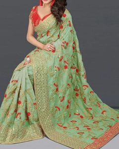 Embroidered olive Green Saree With Stitched Blouse