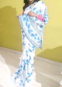 White &amp; Blue Floral Saree