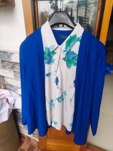 Blue Floral Button-Down Top attached with coat