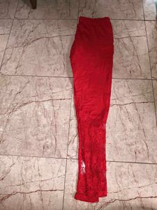 Vibrant Red Lace Trim Leggings