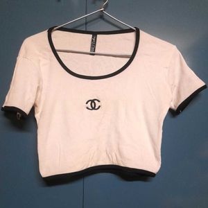 Chanel White Ribbed Crop Top with Black Trim