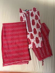 Red Printed Kurta with Dupatta &amp; Pant Set