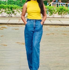 Yellow Ribbed Mock Neck Tank Top (S)