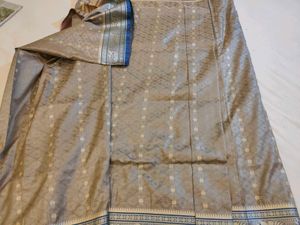 Elegant Grey Silk Saree with Blue Border