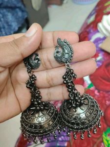 Oxidized Silver Peacock Jhumka Earrings