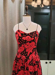 Red &amp; Black Floral Print Corset waist Dress