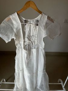 Sheer White Puff Sleeve Tiered Midi Dress