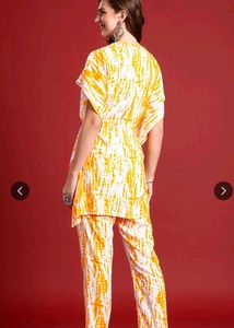 New White &amp; Yellow Print kaftan kurti pant set