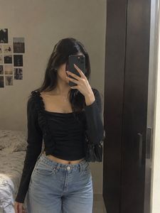 Off-Shoulder Black Ruched Long Sleeve Top