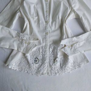 Elegant White Button-Down Shirt with Lace D