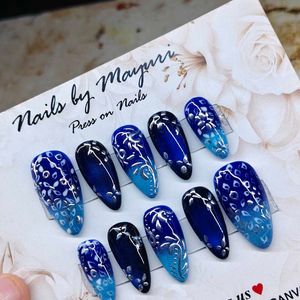 Press On Nails - Blue Ombre Floral