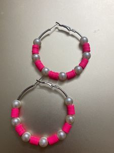 Pink Fimo Earring With White Beads