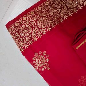 Red &amp; Gold Embroidered Saree
