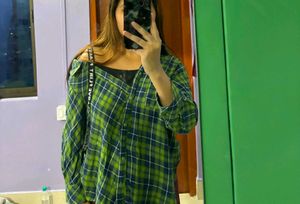 Green Plaid Off-Shoulder Shirt