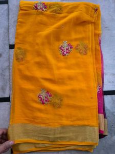 Vibrant Yellow &amp; Pink Embroidered Saree