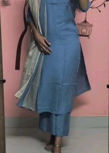 Blue Kurta Set with Matching Pants and Striped Dup