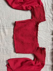 Red Smocked Crop Top with Puff Sleeves