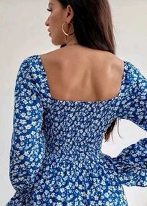 Blue Floral Smocked Square Neck 👗